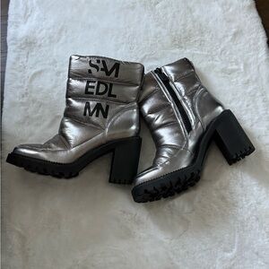 Waterproof Sam Edelman Silver Heeled Boots with Black Accents